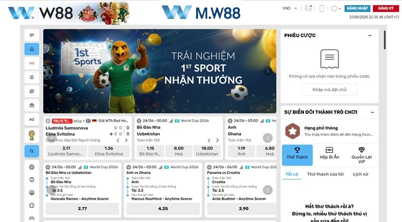 Bảng tỷ lệ kèo cá cược thể thao trực tuyến trên nền tảng W88 Mobile từ MW88.COM
