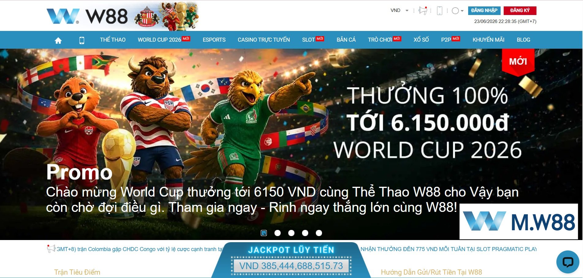 Giao diện trang chủ nhà cái M.W88 trên nền tảng W88 Mobile với ưu đãi lớn từ MW88.COM