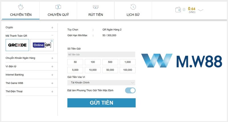 Hệ thống nạp rút tiền tự động siêu tốc trên W88 Mobile hỗ trợ thanh toán qua ngân hàng và Crypto