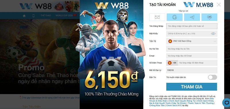 Biểu mẫu hướng dẫn đăng ký tài khoản thành viên M.W88 nhanh chóng qua Link Vào W88 Mobile