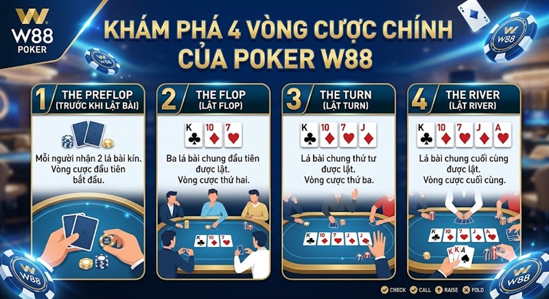 Khám phá 4 vòng cược chính của bài Poker W88 trên hệ thống M.W88