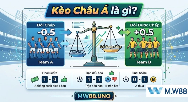 Kèo châu á là gì? Khái niệm cược chấp Handicap và cơ chế tính điểm chuẩn xác tại M.W88.